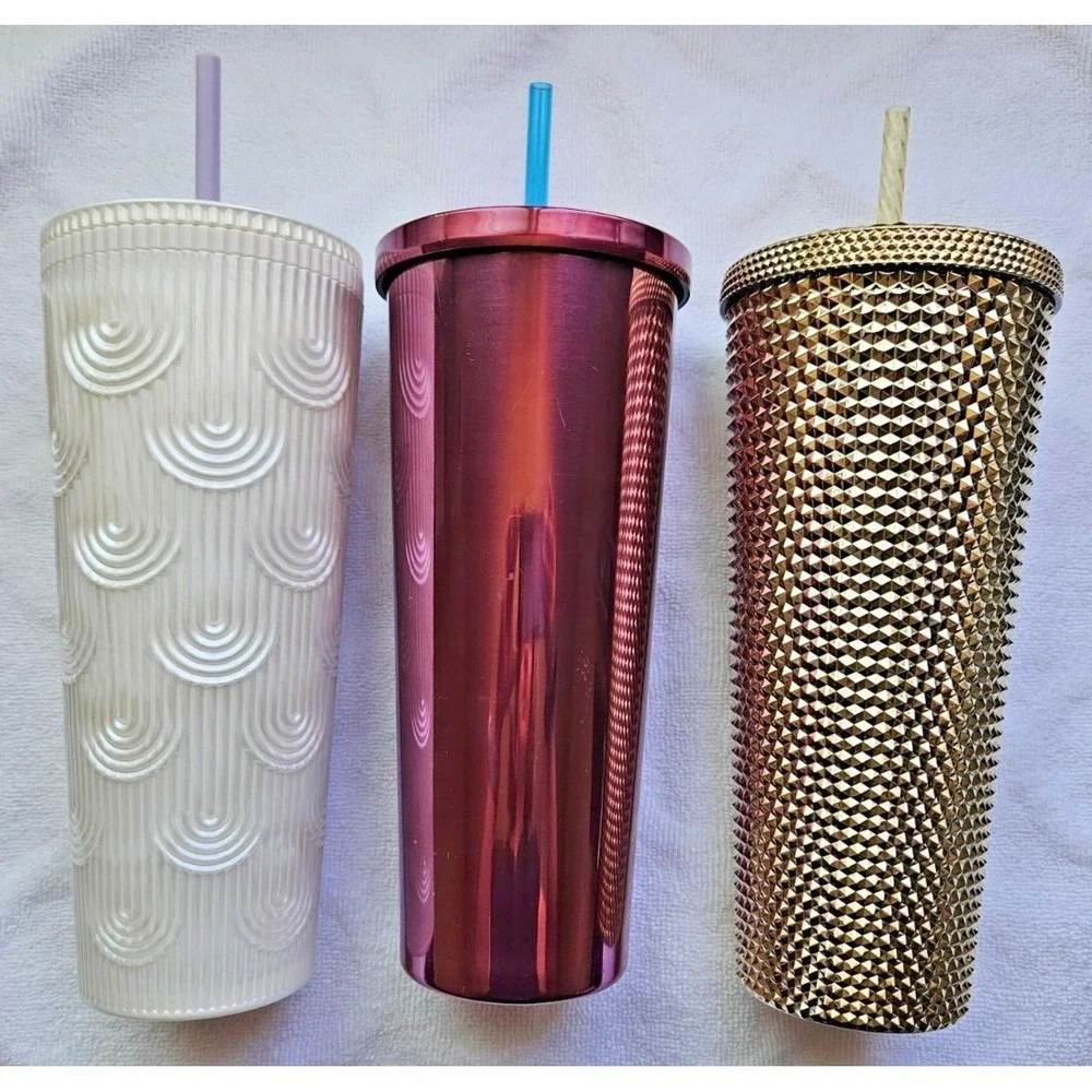 Lot of 3 Starbucks 24 oz Tumblers w/straw Cold Cup Venti Rare Collectable